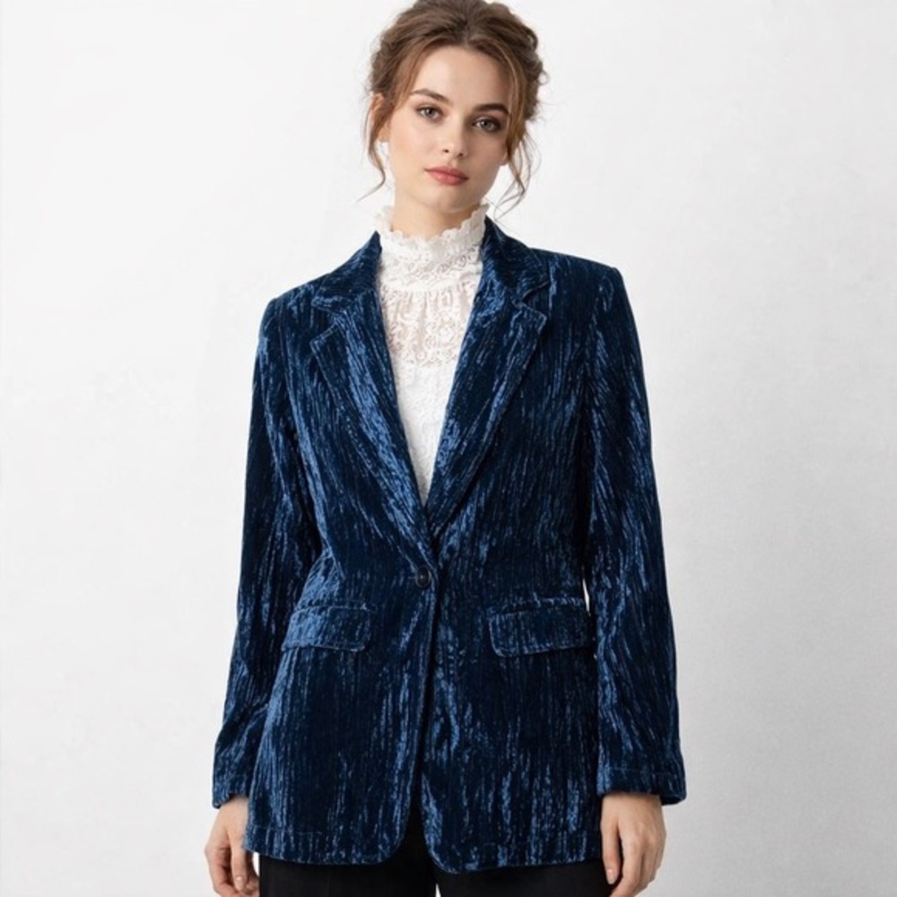 Cozy Co by Cozy Casual Indigo Blue Crushed‎ Velvet Blazer Jacket Small J8426C